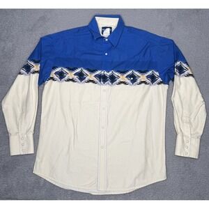 Vintage Wrangler Western Shirts Mens Large White/Blue Aztec Pearl Snap Button Up